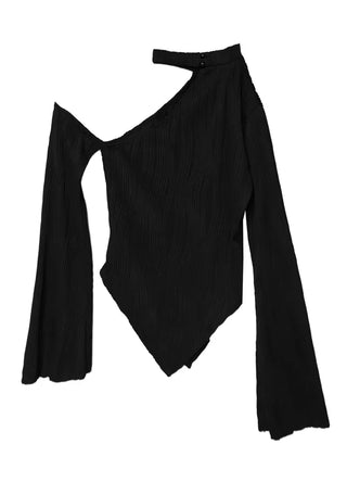 WAVY WAVE V-CUT ONE-OFF SHOULDER CUT-OUT BLOUSE TOP