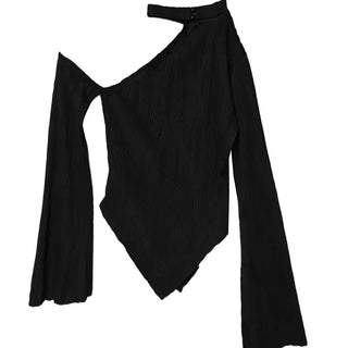 WAVY WAVE V-CUT ONE-OFF SHOULDER CUT-OUT BLOUSE TOP