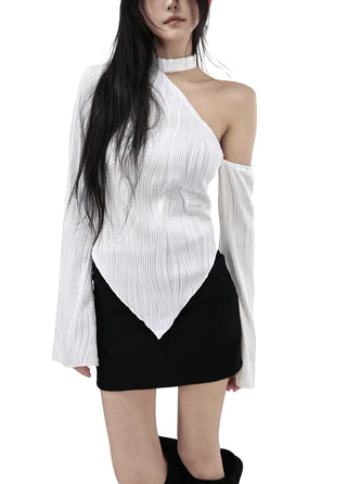 WAVY WAVE V-CUT ONE-OFF SHOULDER CUT-OUT BLOUSE TOP