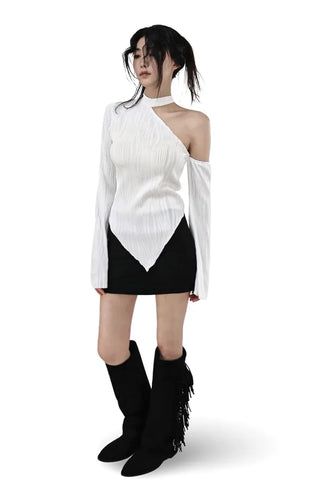 WAVY WAVE V-CUT ONE-OFF SHOULDER CUT-OUT BLOUSE TOP