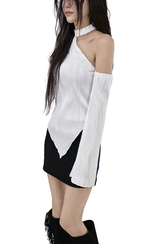 WAVY WAVE V-CUT ONE-OFF SHOULDER CUT-OUT BLOUSE TOP