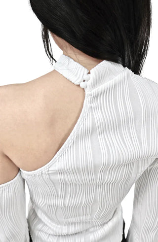 WAVY WAVE V-CUT ONE-OFF SHOULDER CUT-OUT BLOUSE TOP