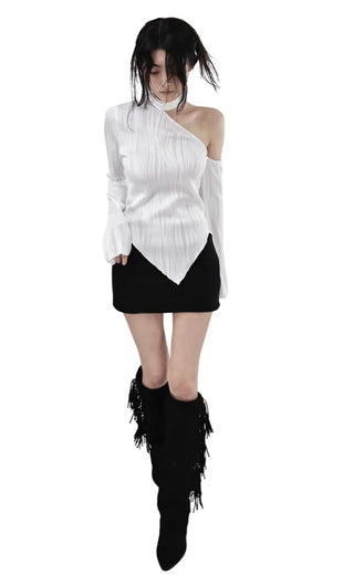 WAVY WAVE V-CUT ONE-OFF SHOULDER CUT-OUT BLOUSE TOP