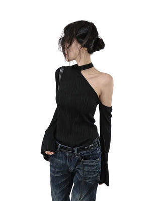 WAVY WAVE V-CUT ONE-OFF SHOULDER CUT-OUT BLOUSE TOP