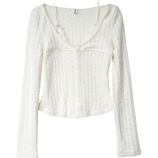 Warm Lace Halter Sweat Woven Button Knit Top