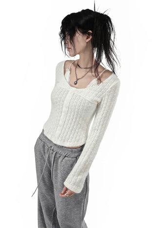 Warm Lace Halter Sweat Woven Button Knit Top