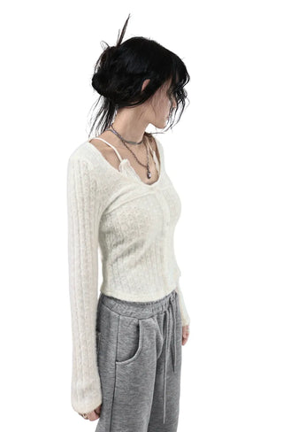 Warm Lace Halter Sweat Woven Button Knit Top