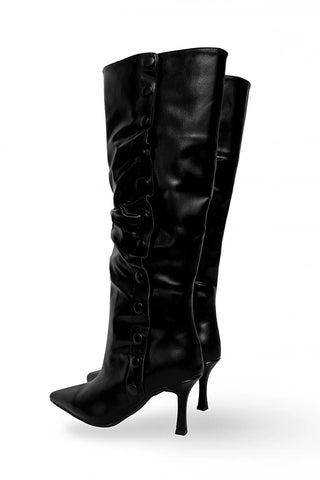 Fold Button Detail Shirring Steletto Two-Way Long Boots