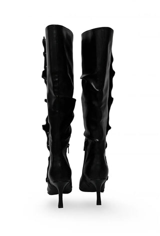 Fold Button Detail Shirring Steletto Two-Way Long Boots