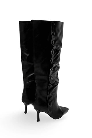 Fold Button Detail Shirring Steletto Two-Way Long Boots