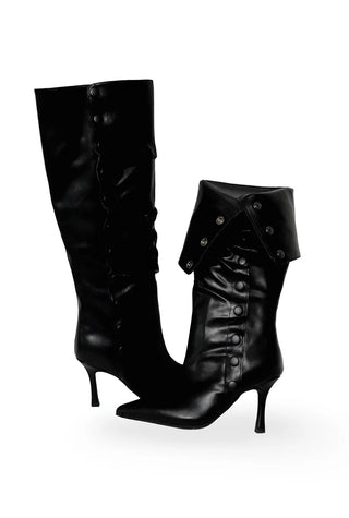 Fold Button Detail Shirring Steletto Two-Way Long Boots