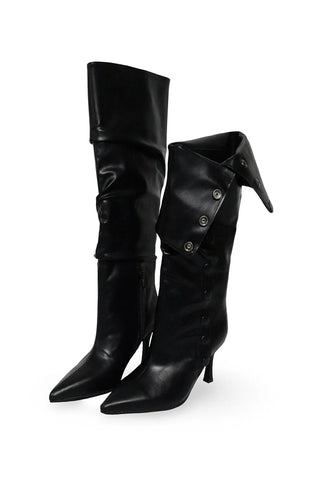 Fold Button Detail Shirring Steletto Two-Way Long Boots
