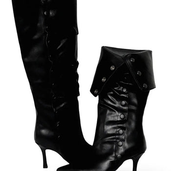 Fold Button Detail Shirring Steletto Two-Way Long Boots