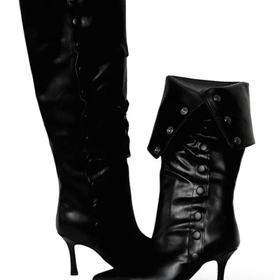 Fold Button Detail Shirring Steletto Two-Way Long Boots