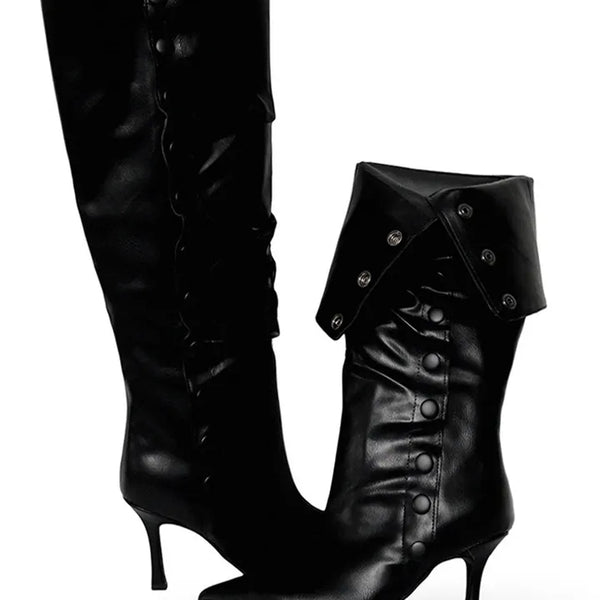 Fold Button Detail Shirring Steletto Two-Way Long Boots