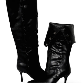 Fold Button Detail Shirring Steletto Two-Way Long Boots