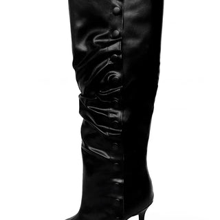 Fold Button Detail Shirring Steletto Two-Way Long Boots
