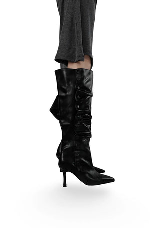 Fold Button Detail Shirring Steletto Two-Way Long Boots