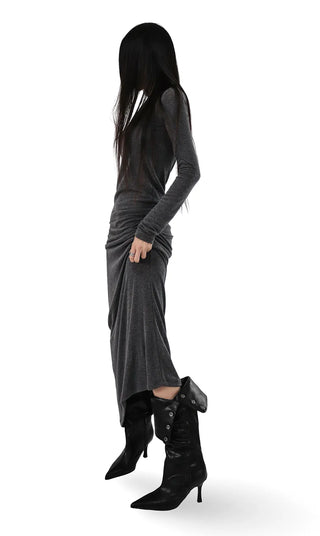 Fold Button Detail Shirring Steletto Two-Way Long Boots