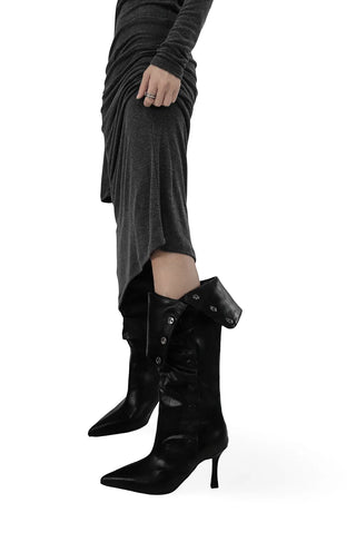Fold Button Detail Shirring Steletto Two-Way Long Boots
