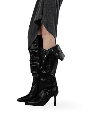 Fold Button Detail Shirring Steletto Two-Way Long Boots