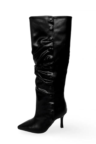 Fold Button Detail Shirring Steletto Two-Way Long Boots