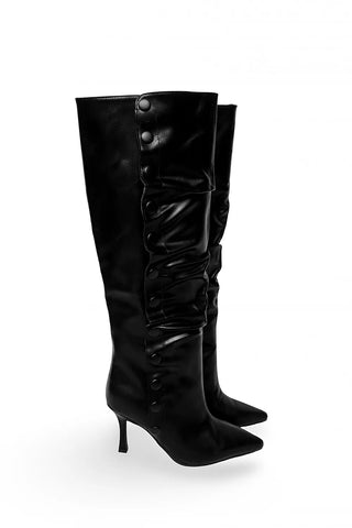 Fold Button Detail Shirring Steletto Two-Way Long Boots