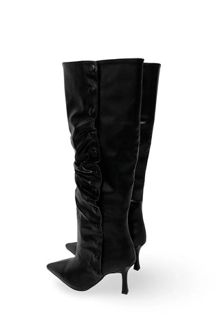 Fold Button Detail Shirring Steletto Two-Way Long Boots