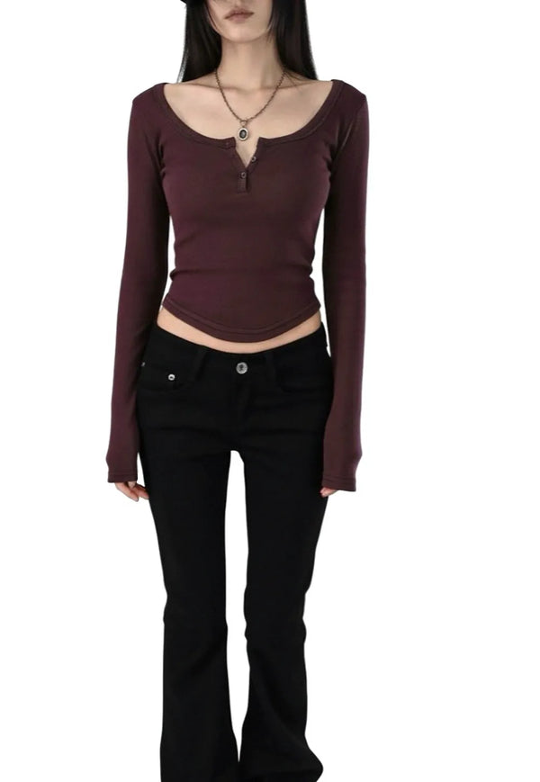 GUN SLIM DEEP U-NECK BUTTON RIBBED T-SHIRT