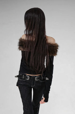 FURFUR OFF-SHOULDER SLIM BLACK WARMER TOP