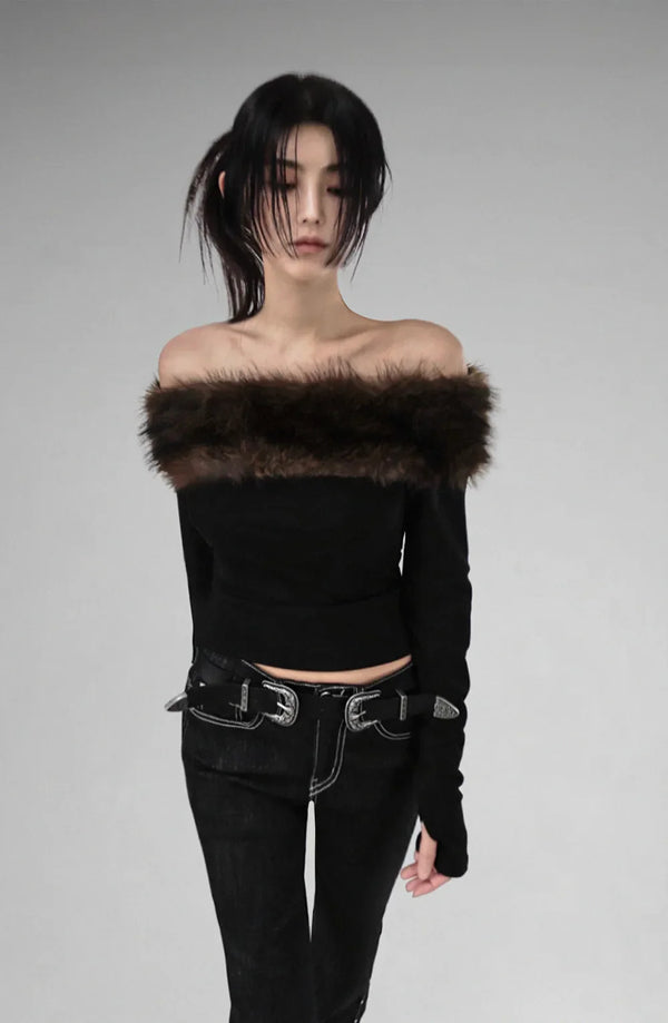 FURFUR OFF-SHOULDER SLIM BLACK WARMER TOP