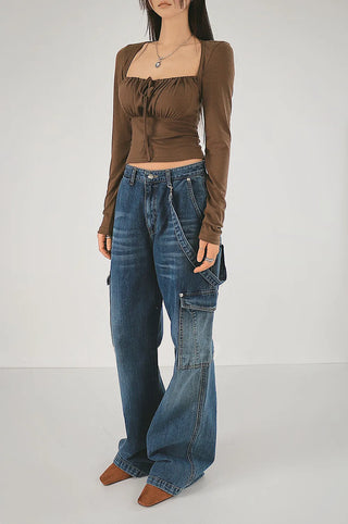 Roan Shirring Deep Square Neck Volume Bolero Blouse Tee