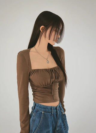 Roan Shirring Deep Square Neck Volume Bolero Blouse Tee