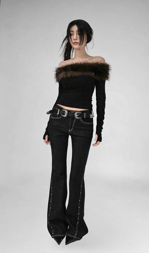 RIVET LOW DIAGONAL SLIT STITCH DENIM BOOTCUT PANTS