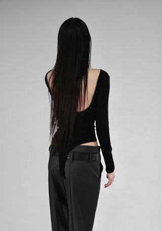 Open-Back Lip Neck Twist Back Fit Bodysuit Long-Sleeved Top