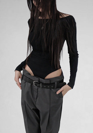 Open-Back Lip Neck Twist Back Fit Bodysuit Long-Sleeved Top