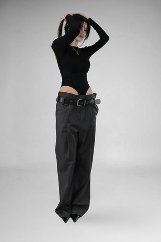 Open-Back Lip Neck Twist Back Fit Bodysuit Long-Sleeved Top