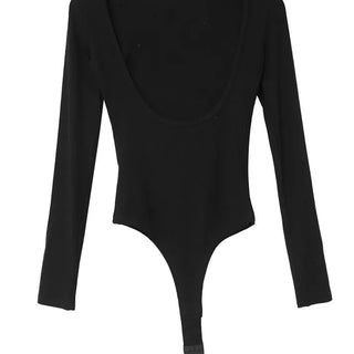 Open-Back Lip Neck Twist Back Fit Bodysuit Long-Sleeved Top