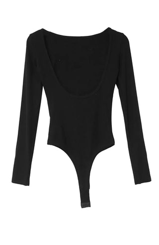 Open-Back Lip Neck Twist Back Fit Bodysuit Long-Sleeved Top