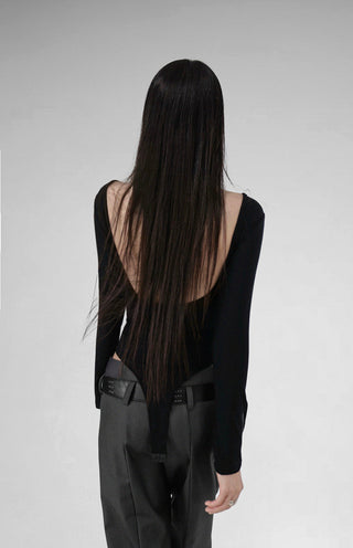 Open-Back Lip Neck Twist Back Fit Bodysuit Long-Sleeved Top