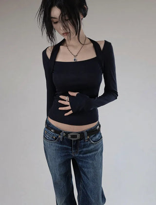 TENCEL SOFT HALTER STRAP SQUARE NECK LONG-SLEEVED TOP