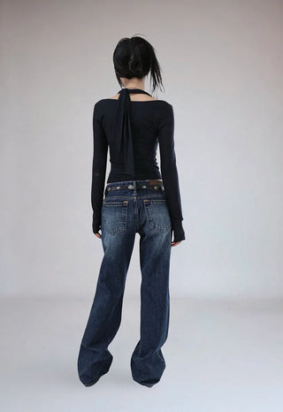 TENCEL SOFT HALTER STRAP SQUARE NECK LONG-SLEEVED TOP