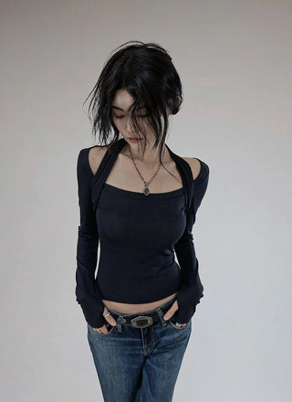 TENCEL SOFT HALTER STRAP SQUARE NECK LONG-SLEEVED TOP