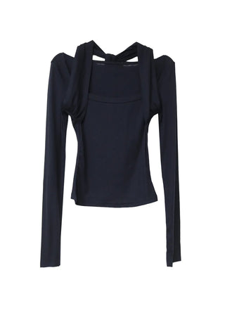 TENCEL SOFT HALTER STRAP SQUARE NECK LONG-SLEEVED TOP