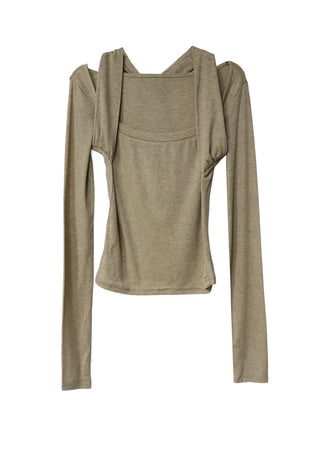 TENCEL SOFT HALTER STRAP SQUARE NECK LONG-SLEEVED TOP