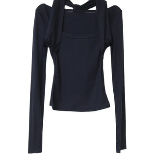 TENCEL SOFT HALTER STRAP SQUARE NECK LONG-SLEEVED TOP