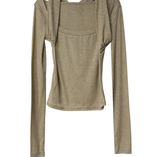 TENCEL SOFT HALTER STRAP SQUARE NECK LONG-SLEEVED TOP