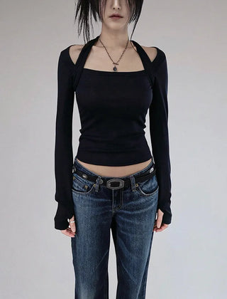 TENCEL SOFT HALTER STRAP SQUARE NECK LONG-SLEEVED TOP