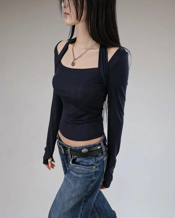 TENCEL SOFT HALTER STRAP SQUARE NECK LONG-SLEEVED TOP