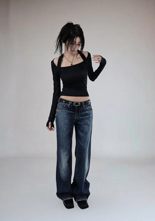 TENCEL SOFT HALTER STRAP SQUARE NECK LONG-SLEEVED TOP